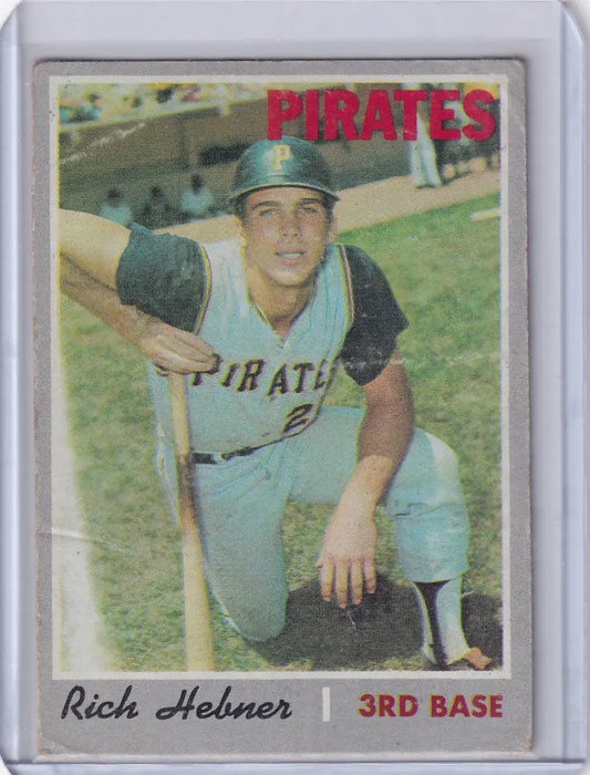 Vintage Topps Baseball card of Richie Hebner kneeling for Pittsburgh Pirates