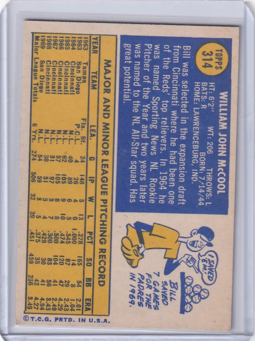 Vintage 1970 Topps Baseball card of Bill McCool, San Diego Padres player statistics