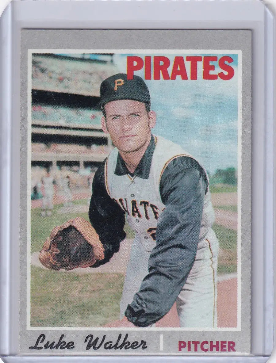 Baseball card of Luke Walker in throwing stance for Topps Baseball and Pittsburgh Pirates