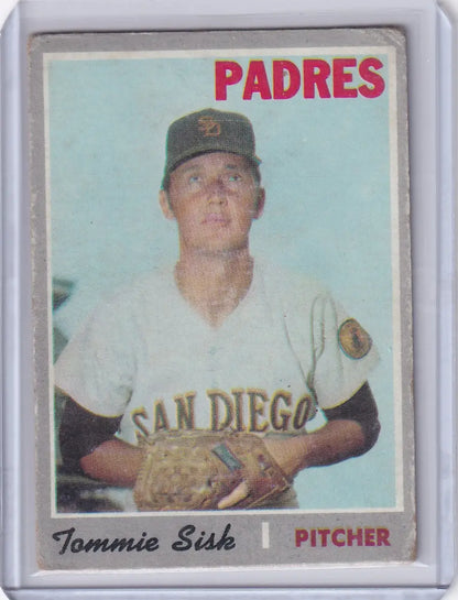 Baseball card of Tommie Sisk, pitcher for the San Diego Padres, by Topps Baseball