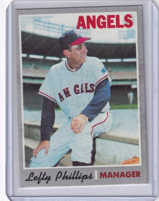 Topps Baseball card of Lefty Phillips in California Angels uniform and cap