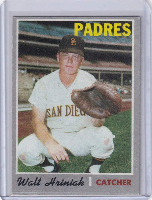 Baseball card of Walt Hriniak, San Diego Padres catcher in a crouching pose, Topps Baseball