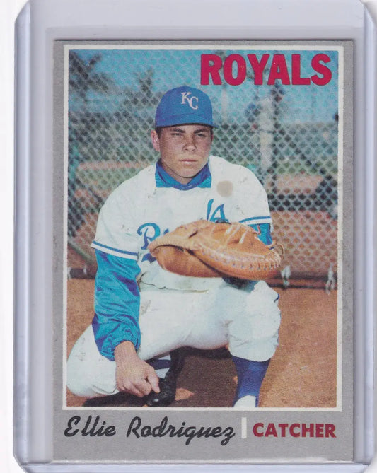 Baseball card of Ellie Rodriguez, Kansas City Royals catcher in Topps Baseball uniform