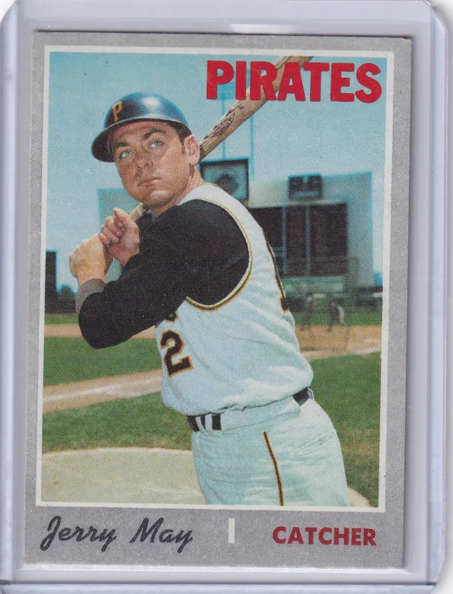 Vintage Topps Baseball card of Jerry May, Pittsburgh Pirates catcher in batting stance