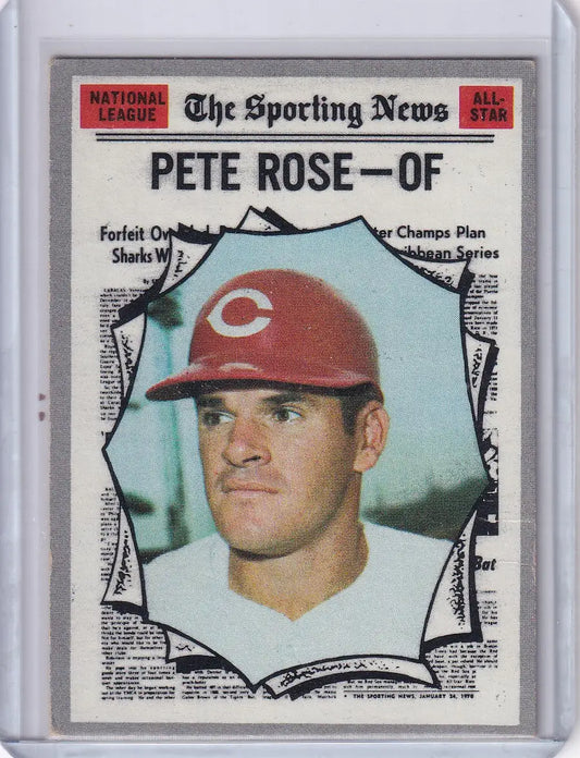 Vintage Topps Baseball card of Pete Rose, Cincinnati Reds player in red cap