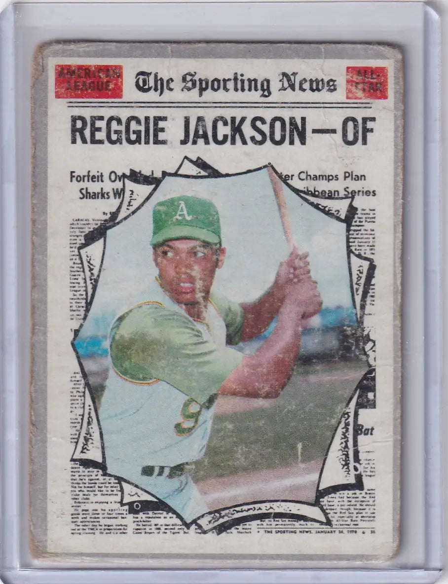 Baseball card of Reggie Jackson from Topps Baseball, showcasing Oakland Athletics player