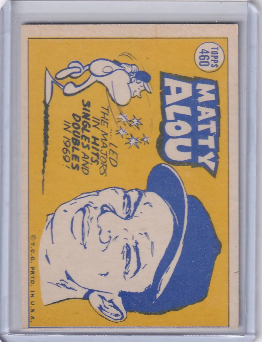 Vintage Topps Baseball card of Matty Alou from the Pittsburgh Pirates on yellow background