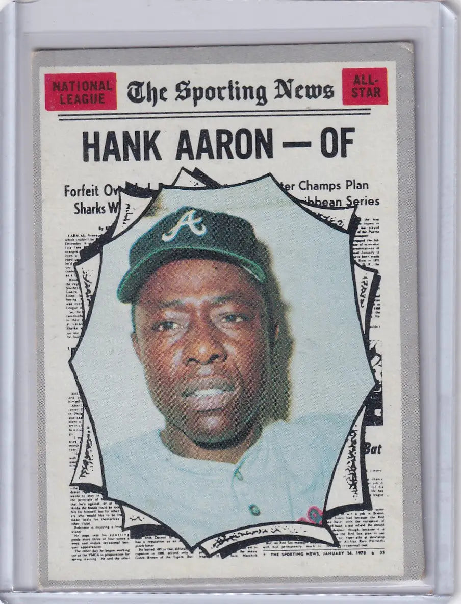 Topps Baseball card of Hank Aaron wearing an Atlanta Braves cap