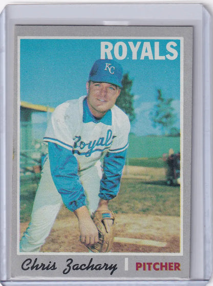 Baseball card of Chris Zachary in pitching stance for Kansas City Royals by Topps Baseball