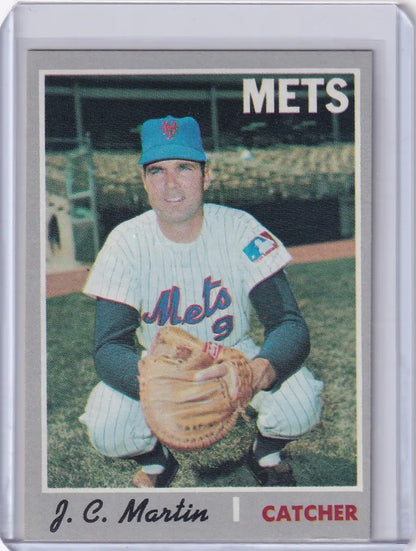 Baseball card of J.C. Martin, New York Mets catcher in white and blue uniform from Topps Baseball