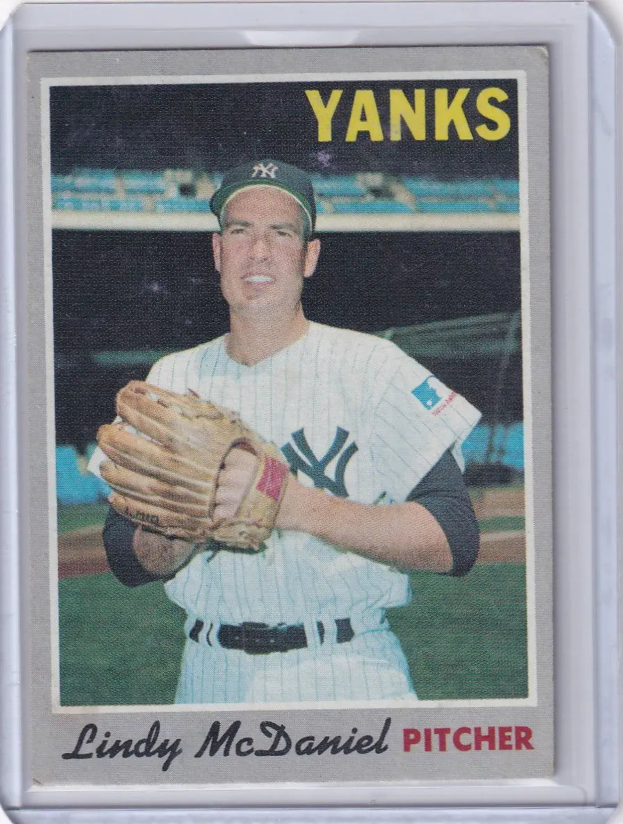 Topps Baseball card of Lindy McDaniel, New York Yankees pitcher in white uniform