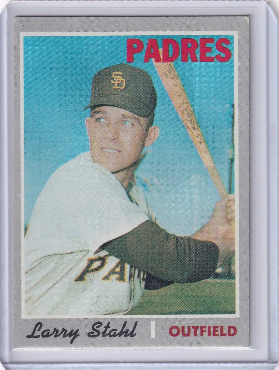 Baseball card of Larry Stahl from Topps Baseball, San Diego Padres outfielder with bat