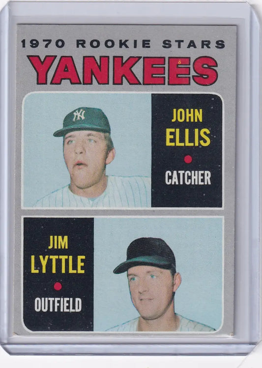 1970 Topps Baseball card of Yankees rookies John Ellis and Jim Lyttle