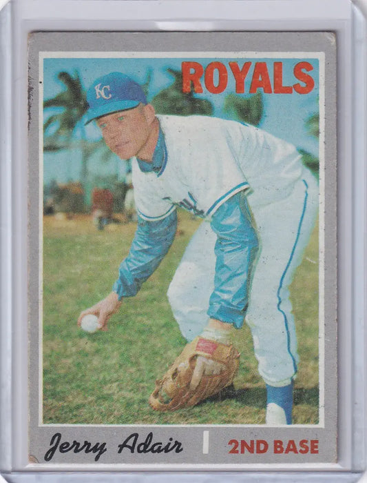 Baseball card of Jerry Adair in fielding pose for Kansas City Royals Topps Baseball