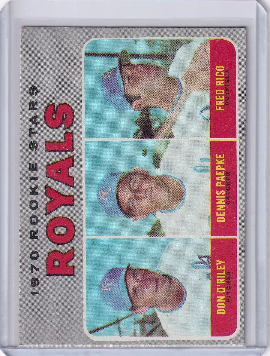 1970 Topps Baseball card featuring Royals Rookies - O’Riley, Paepke, and Rico