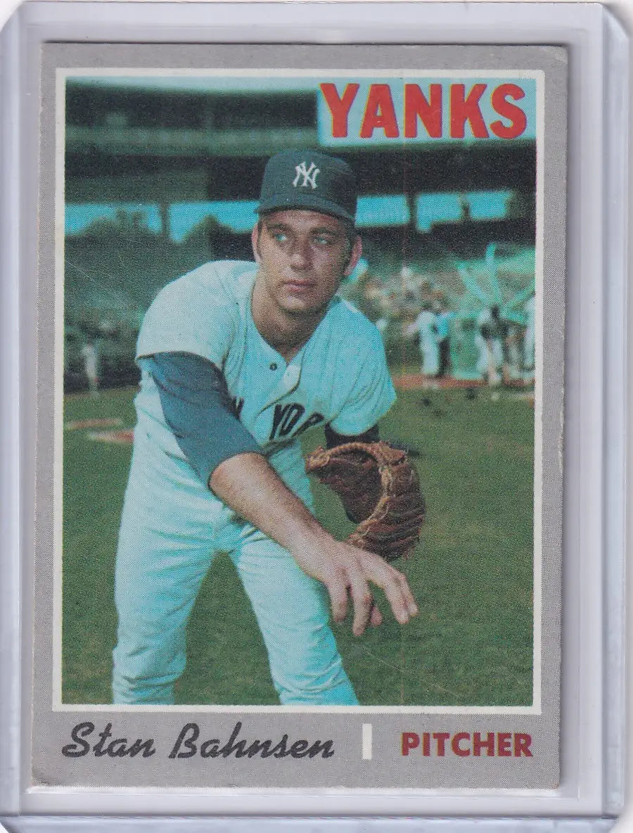 Topps Baseball card of Stan Bahnsen in light blue uniform for New York Yankees