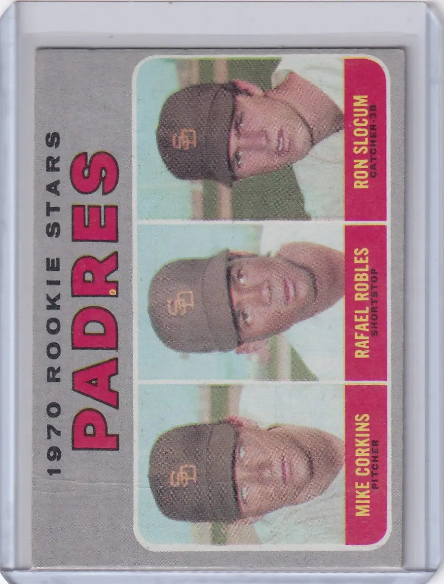 1970 Topps Baseball card featuring Padres Rookies Corkin, Robles, and Slocum RC