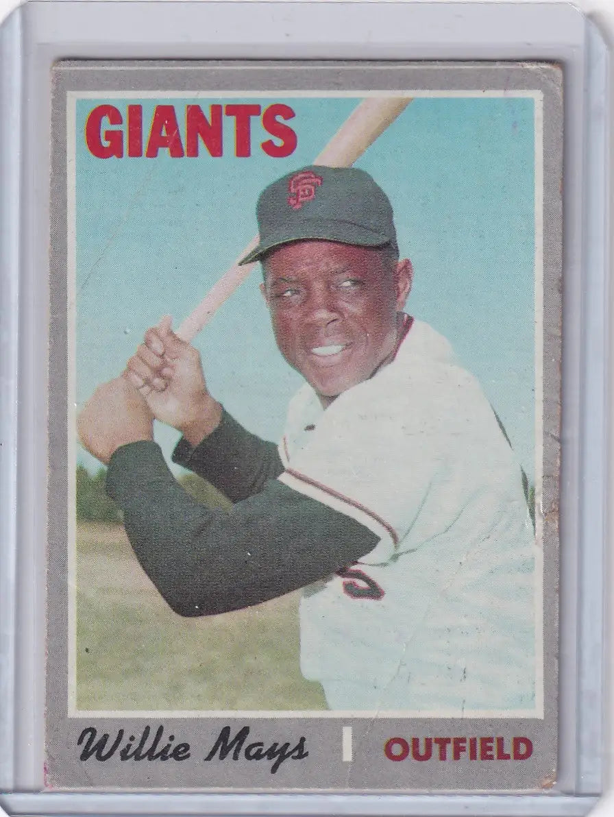 Baseball card of Willie Mays in batting stance for San Francisco Giants Topps Baseball