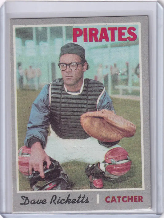 Topps Baseball card of Dave Ricketts, Pittsburgh Pirates catcher in gear and glasses