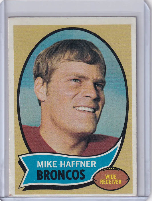 Vintage Topps Football card of Mike Haffner, smiling Denver Broncos player