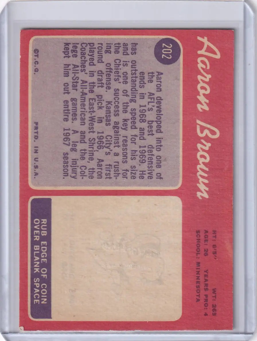 Baseball card with red border and missing photo area for 1970 Topps Football Aaron Brown Kansas City Chiefs