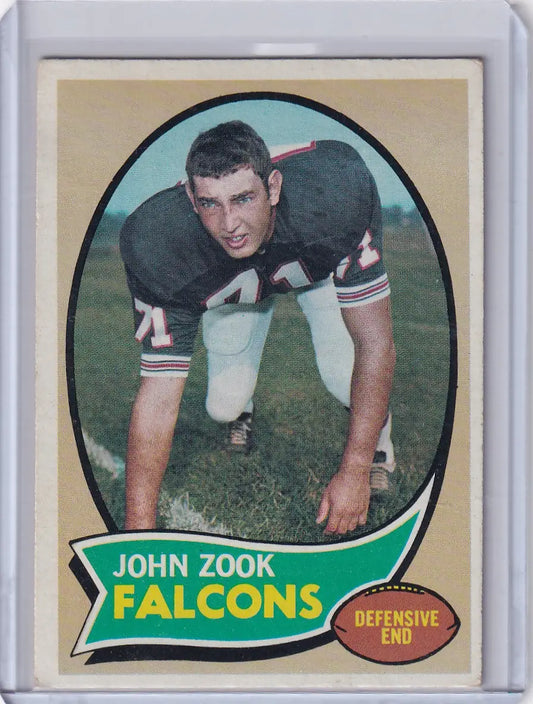 Vintage Topps Football card of John Zook in three-point stance for Atlanta Falcons