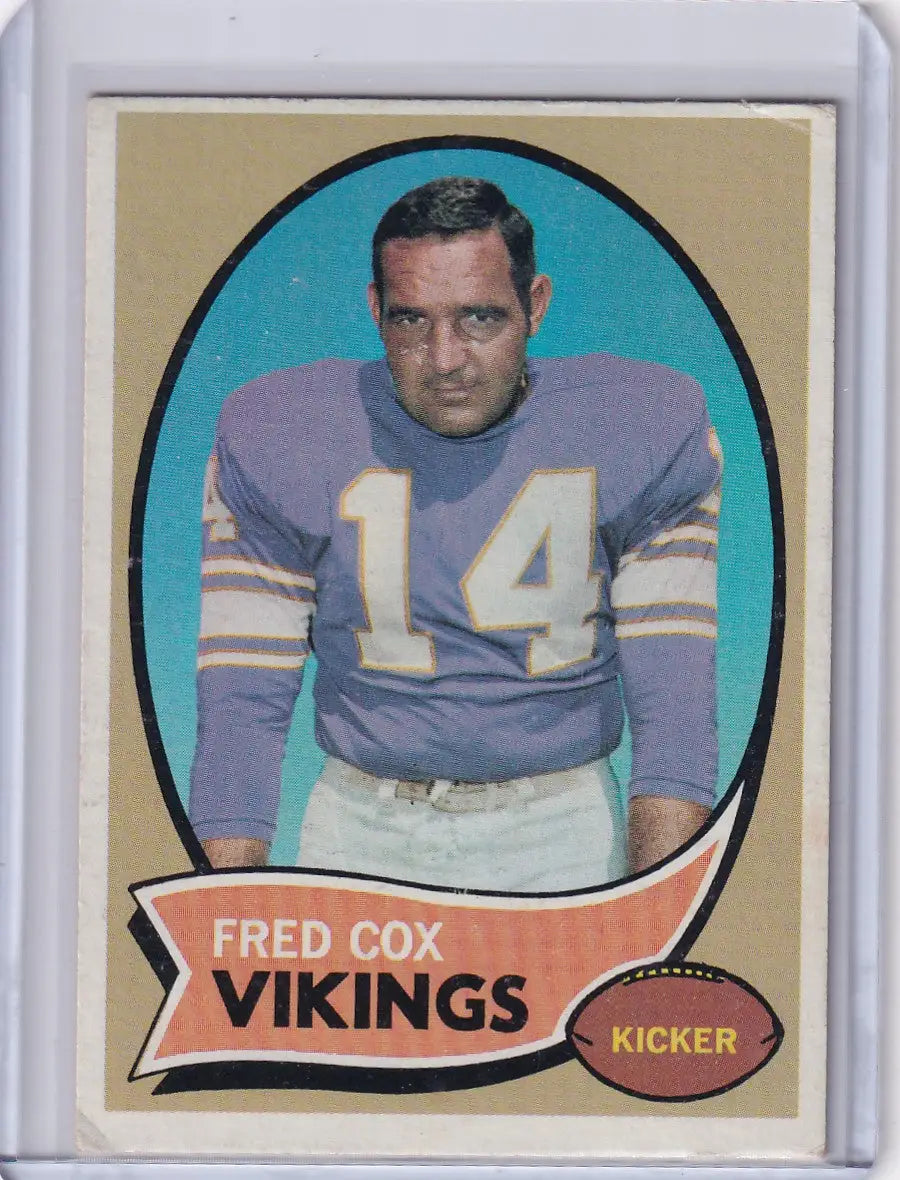 Vintage Topps Football card featuring Fred Cox of the Minnesota Vikings, jersey number 14