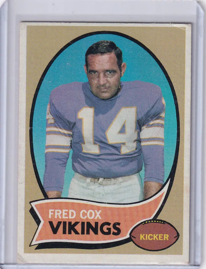 Vintage Topps Football card featuring Fred Cox of the Minnesota Vikings, jersey number 14