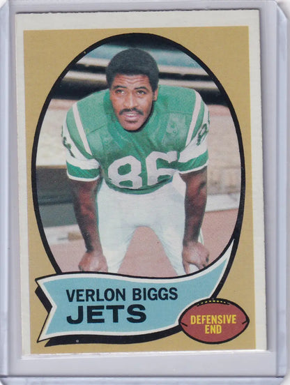 Topps Football card of Verlon Biggs in a defensive stance for New York Jets