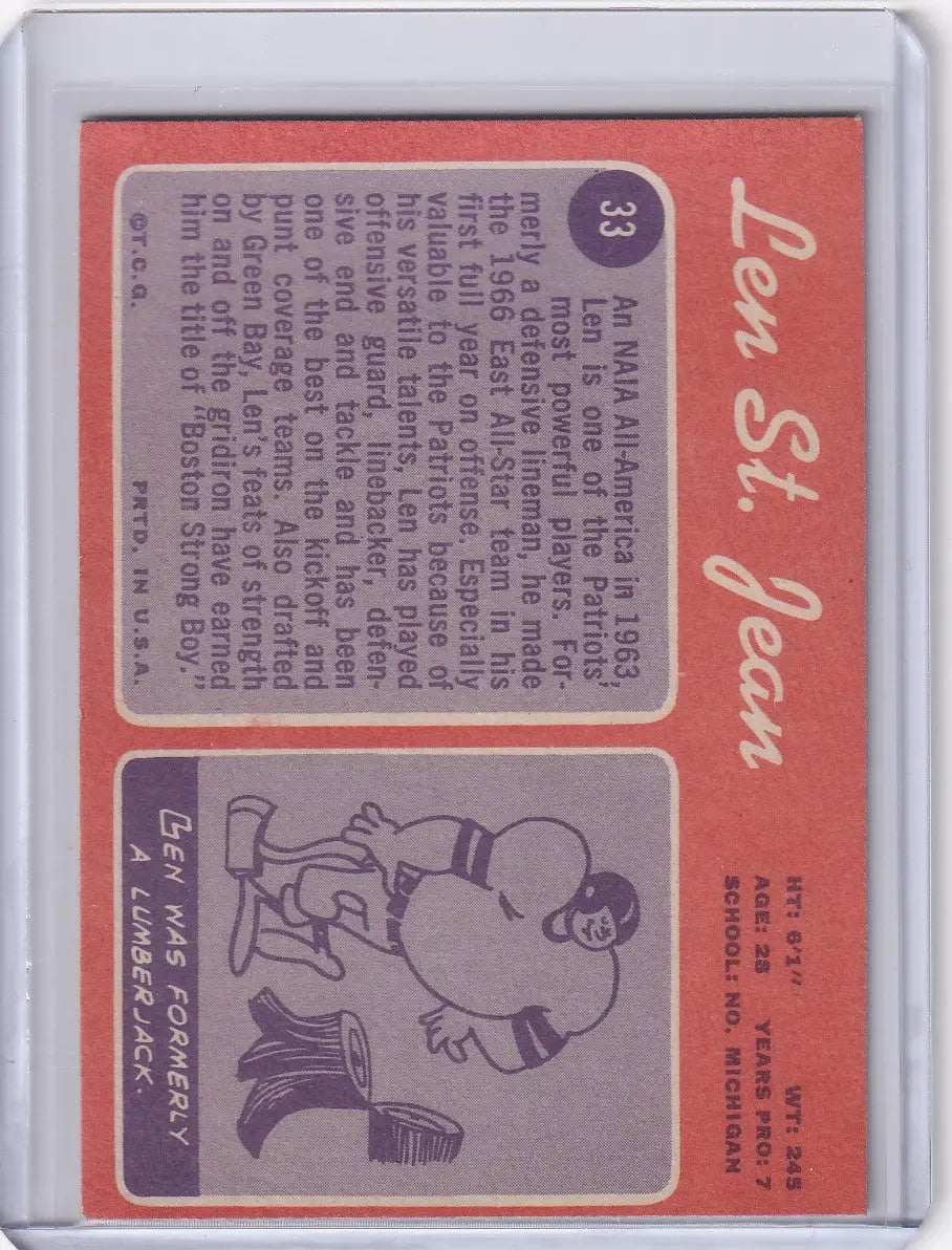 Trading card showcasing Len St. Jean’s stats for Topps Football and New England Patriots