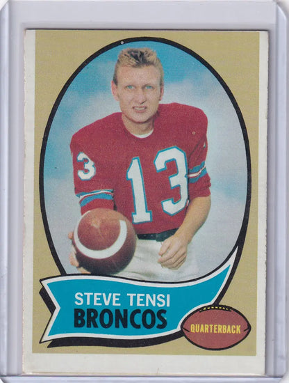 Vintage Topps Football card of Steve Tensi in a Denver Broncos red jersey