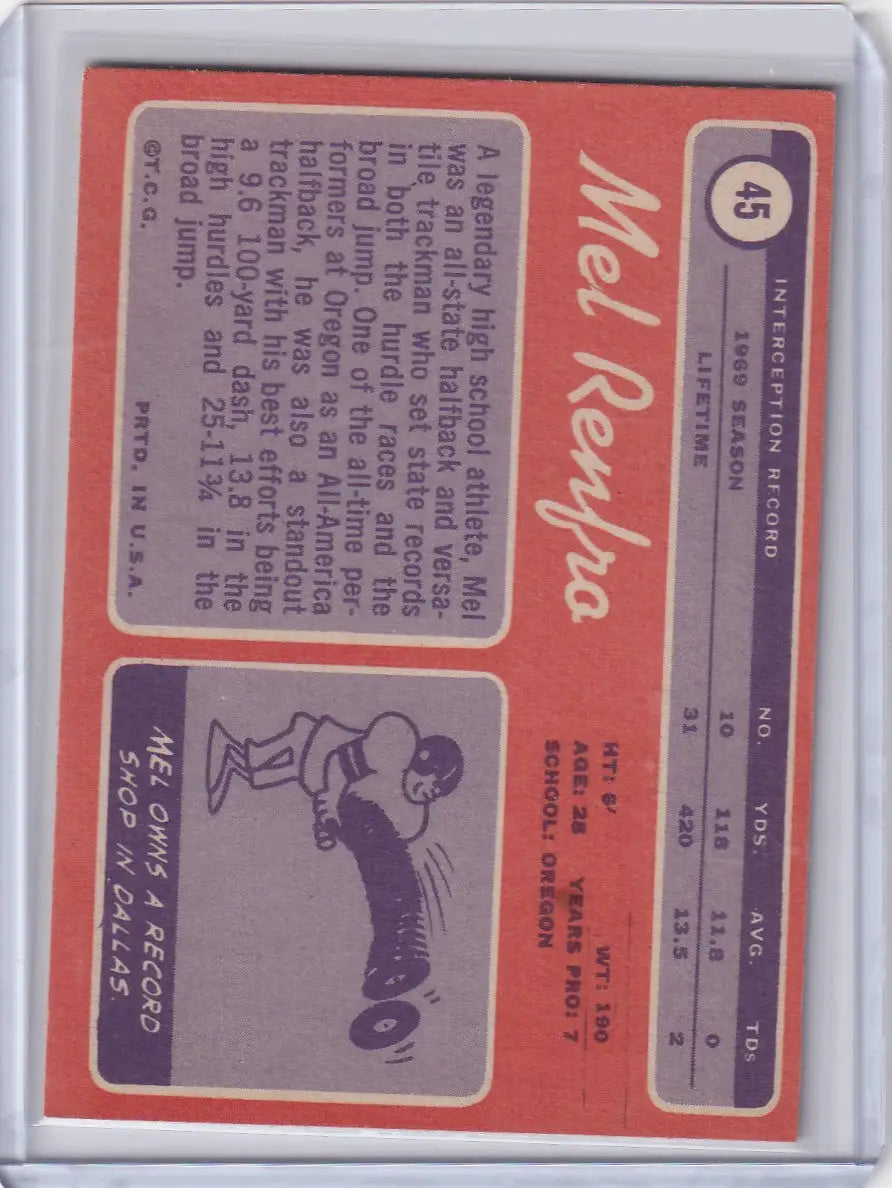 Baseball trading card featuring Mel Renfro statistics and Dallas Cowboys illustration