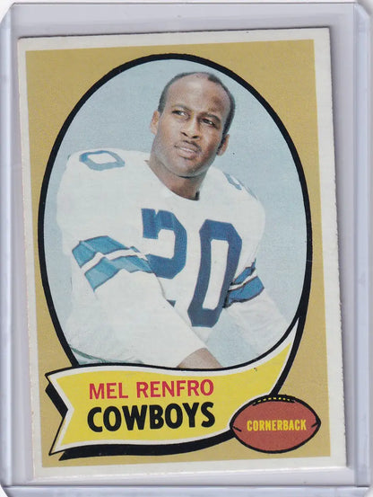 Vintage Topps Football card of Mel Renfro in Dallas Cowboys jersey number 20