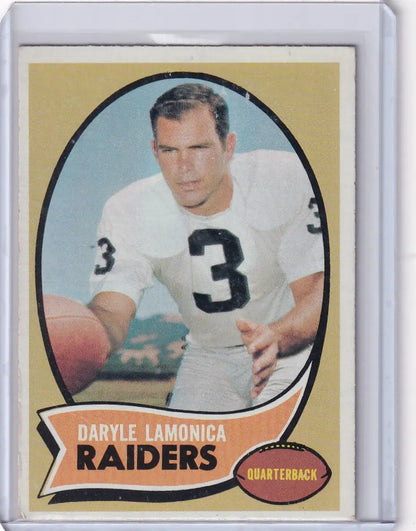 Vintage Topps Football card of Daryle Lamonica, Oakland Raiders quarterback in white jersey