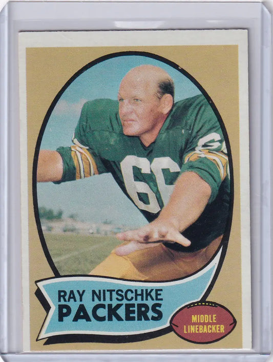 Vintage Topps Football card of Ray Nitschke, Green Bay Packers player in uniform