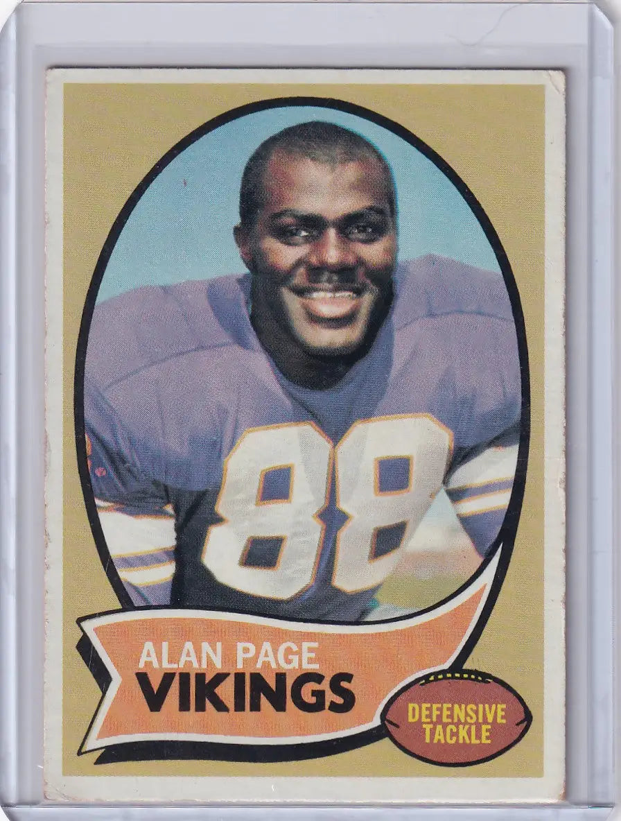 Vintage Topps Football card of Alan Page in purple Minnesota Vikings jersey 88