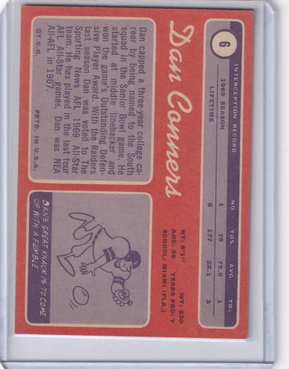 Baseball card of Dan Conners with player stats for Topps Football Oakland Raiders