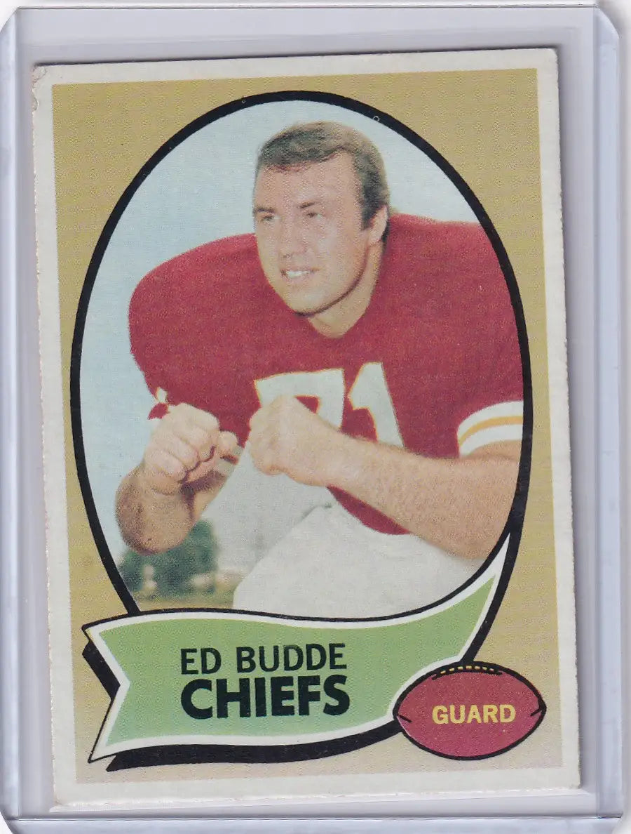 Vintage Topps Football card of Ed Budde, Kansas City Chiefs player in red jersey