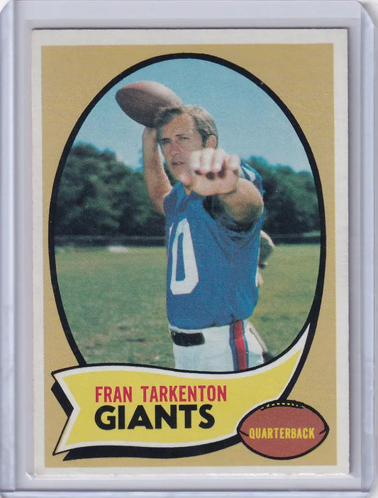 Vintage Topps Football card of Fran Tarkenton in Minnesota Vikings blue jersey