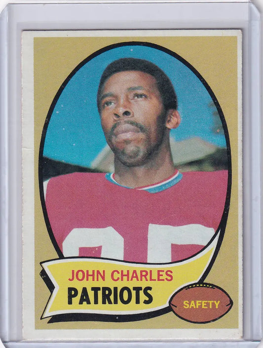 Vintage Topps Football card of John Charles, New England Patriots player