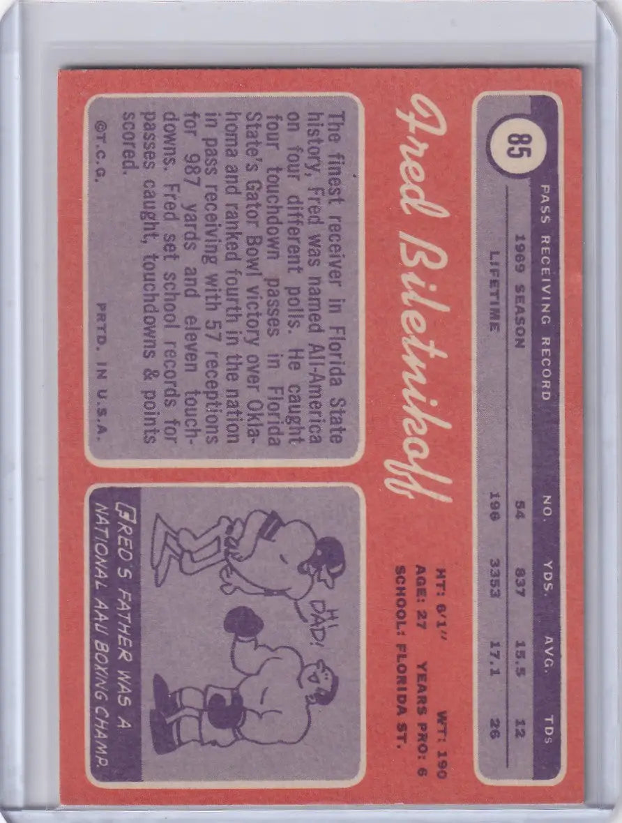 Baseball trading card featuring Fred Biletnikoff and Oakland Raiders player stats