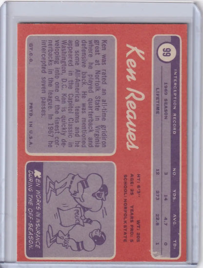 Baseball trading card of Ken Reaves with stats and illustration, Topps Football collectible