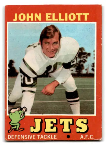 Vintage John Elliott football card from 1971 Topps, original gloss, NY Jets memorabilia