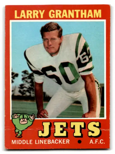 Vintage Larry Grantham football card featuring original gloss from 1971 Topps NY Jets