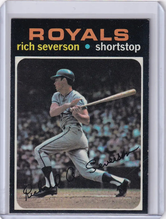 Baseball card of Rich Severson in batting pose for Kansas City Royals Topps Baseball