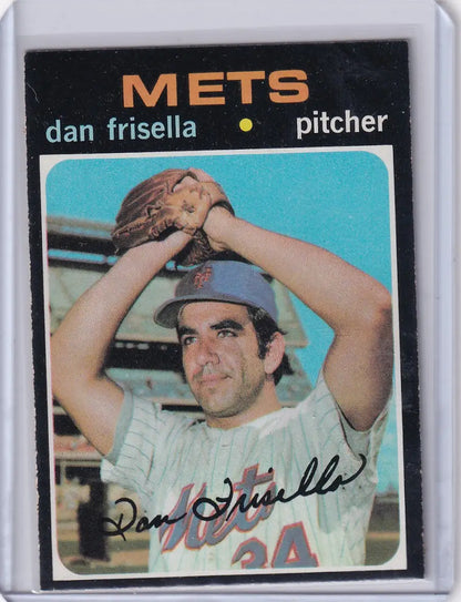 1971 Topps Baseball card of Danny Frisella in wind-up pose for New York Mets