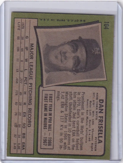 1971 Topps Baseball card of Danny Frisella with black and white portrait for New York Mets