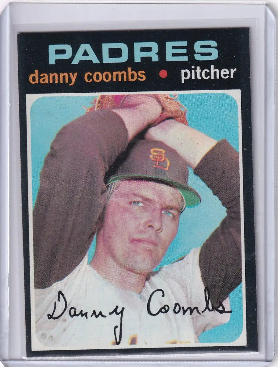 Baseball card of Danny Coombs, San Diego Padres pitcher, in a throwing pose