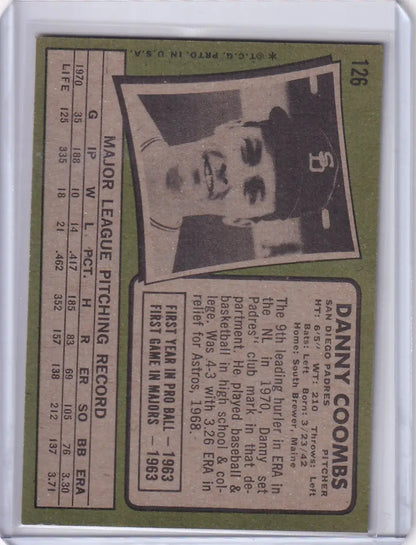 Baseball card of Danny Coombs, San Diego Padres, from 1971 Topps Baseball set