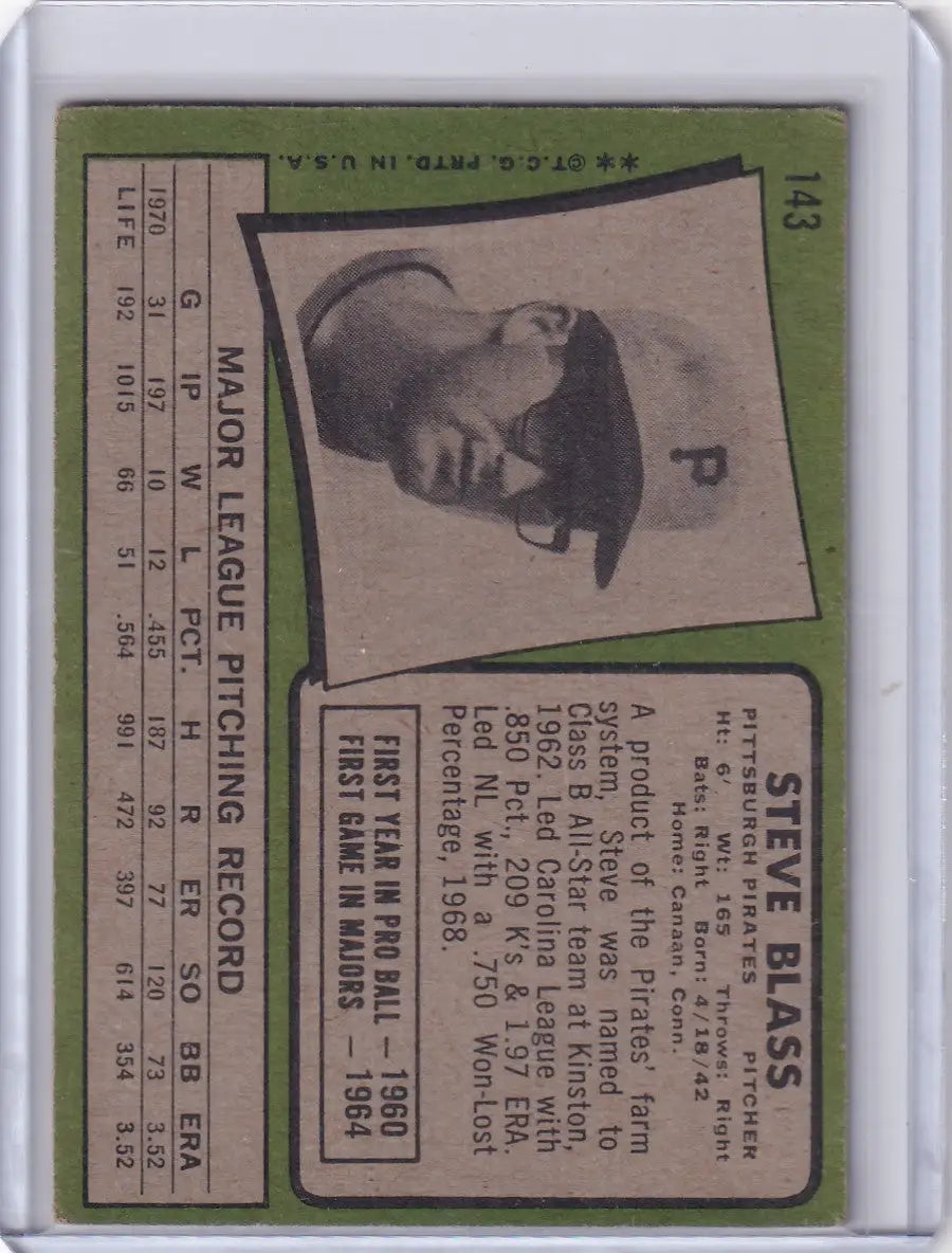 Baseball card of Steve Blass, Pittsburgh Pirates player from 1971 Topps Baseball series